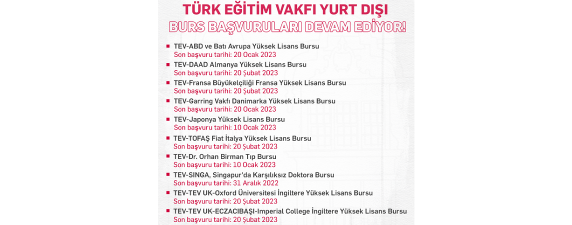 TEV Yurt Dışı Yüksek Lisans, Doktora ve Tıpta Üst İhtisas/Araştırma Burslarına Başvurular Devam Ediyor